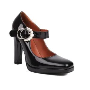 Women's Square Toe Pearls Chunky Heel Mary Jane Platform Pumps