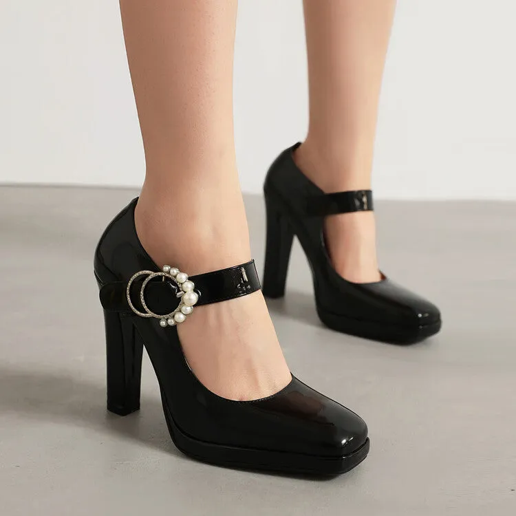 Women's Square Toe Pearls Chunky Heel Mary Jane Platform Pumps