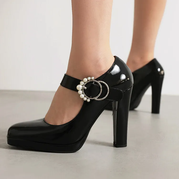 Women's Square Toe Pearls Chunky Heel Mary Jane Platform Pumps