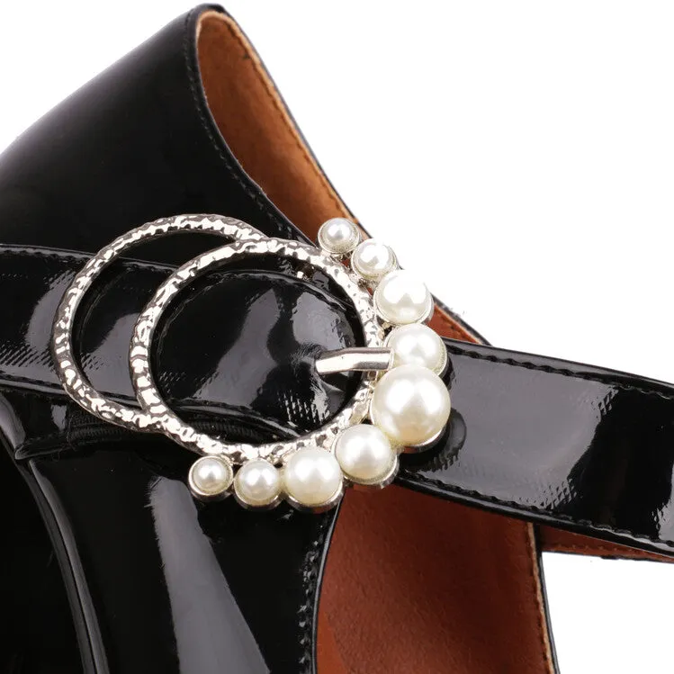 Women's Square Toe Pearls Chunky Heel Mary Jane Platform Pumps