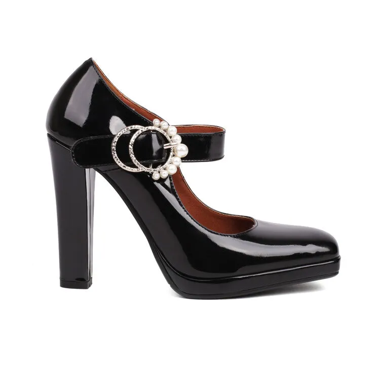 Women's Square Toe Pearls Chunky Heel Mary Jane Platform Pumps