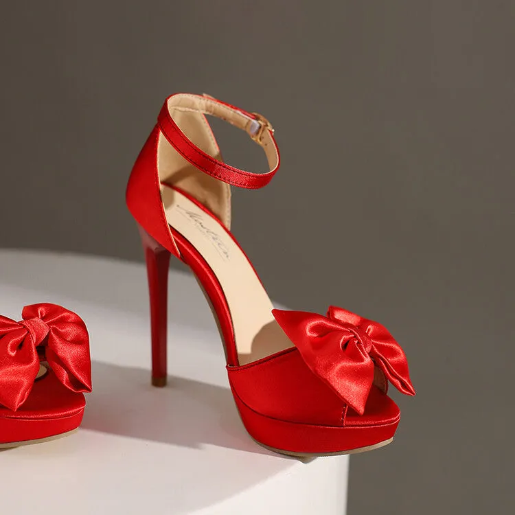 Women's Stain Bowtie Ankle Strap Stiletto High Heel Platform Sandals