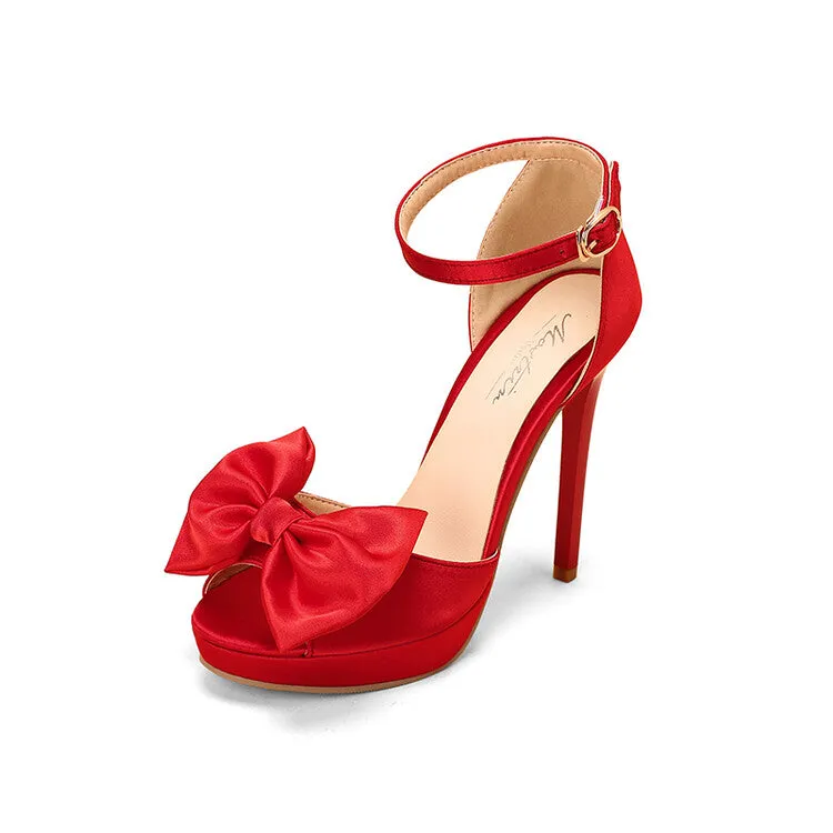 Women's Stain Bowtie Ankle Strap Stiletto High Heel Platform Sandals