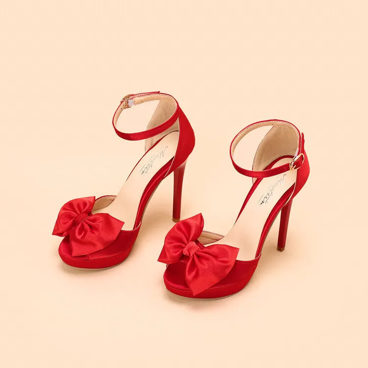 Women's Stain Bowtie Ankle Strap Stiletto High Heel Platform Sandals