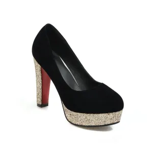 Women's Suede Almond Toe Sequins Chunky High Heel Platform Pumps