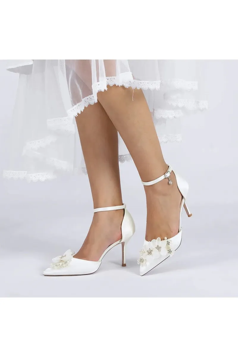 Women's Wedding Shoes Pointed Toe Ankle Strap Stiletto Heels with Rhinestone Flower