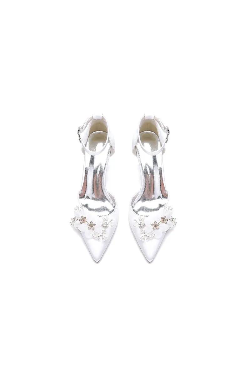 Women's Wedding Shoes Pointed Toe Ankle Strap Stiletto Heels with Rhinestone Flower