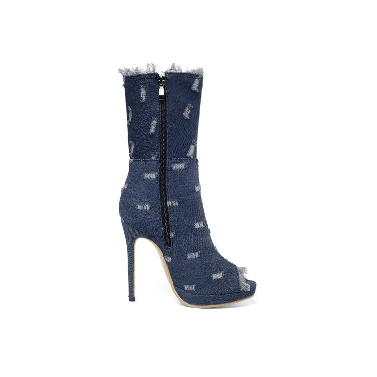 Women's Zipper Denim High Heels Short Boots
