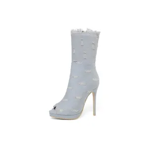 Women's Zipper Denim High Heels Short Boots