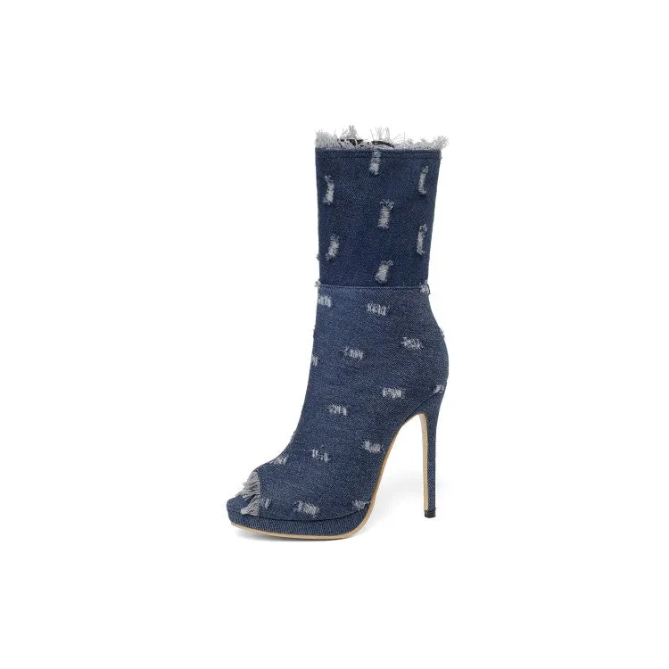 Women's Zipper Denim High Heels Short Boots