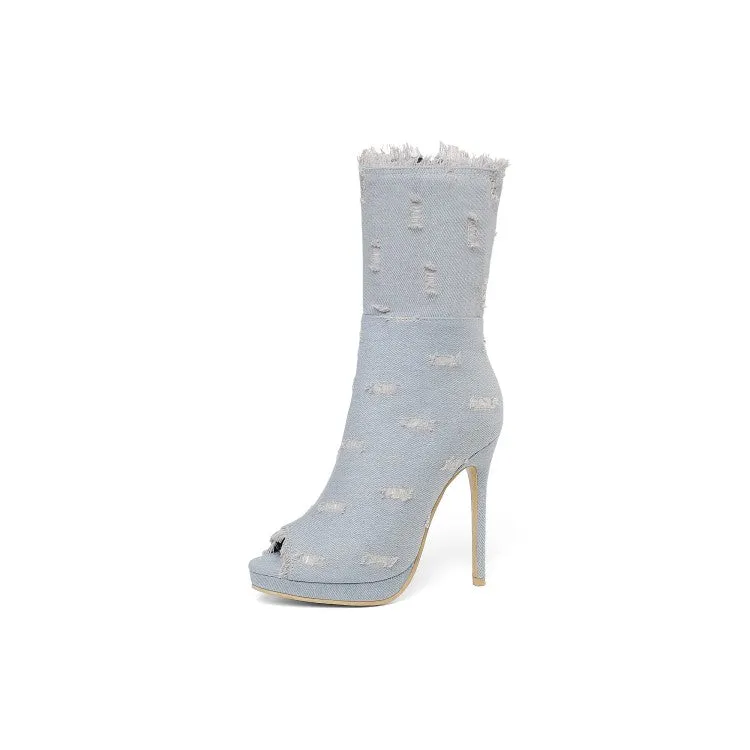 Women's Zipper Denim High Heels Short Boots