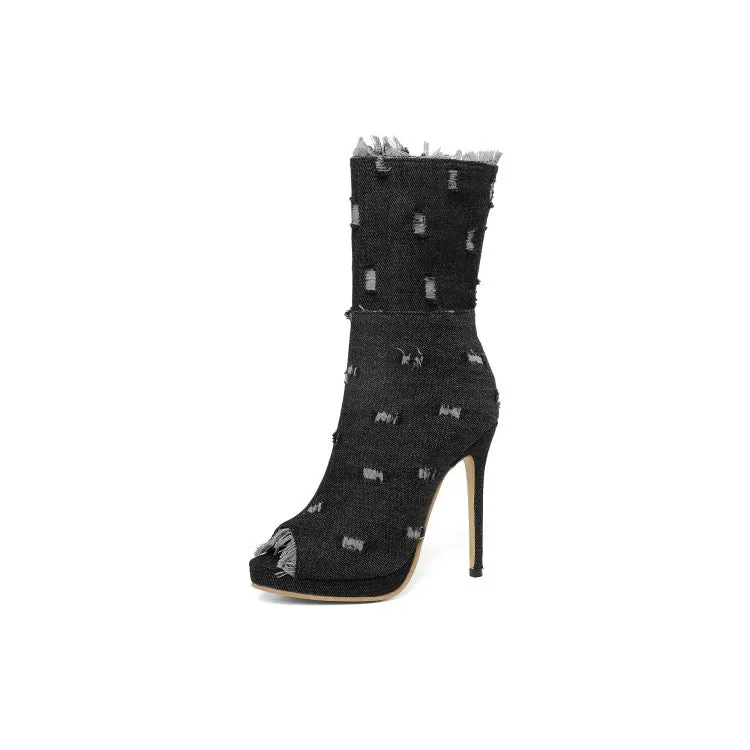 Women's Zipper Denim High Heels Short Boots