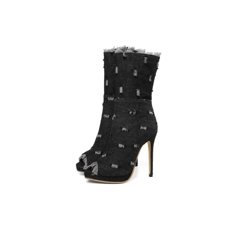 Women's Zipper Denim High Heels Short Boots