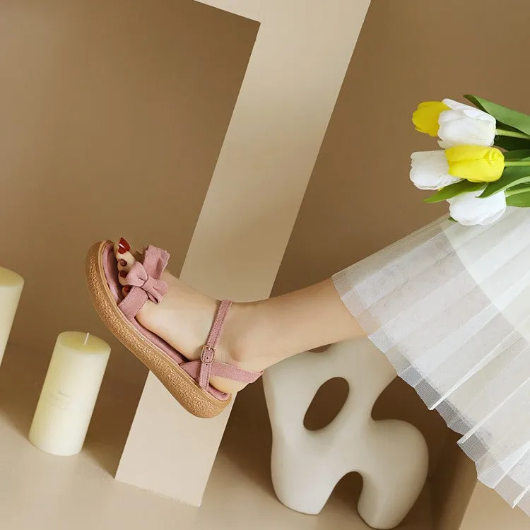 Women's's Suede Butterfly Knot Round Toe Ankle Strap Flat Sandals