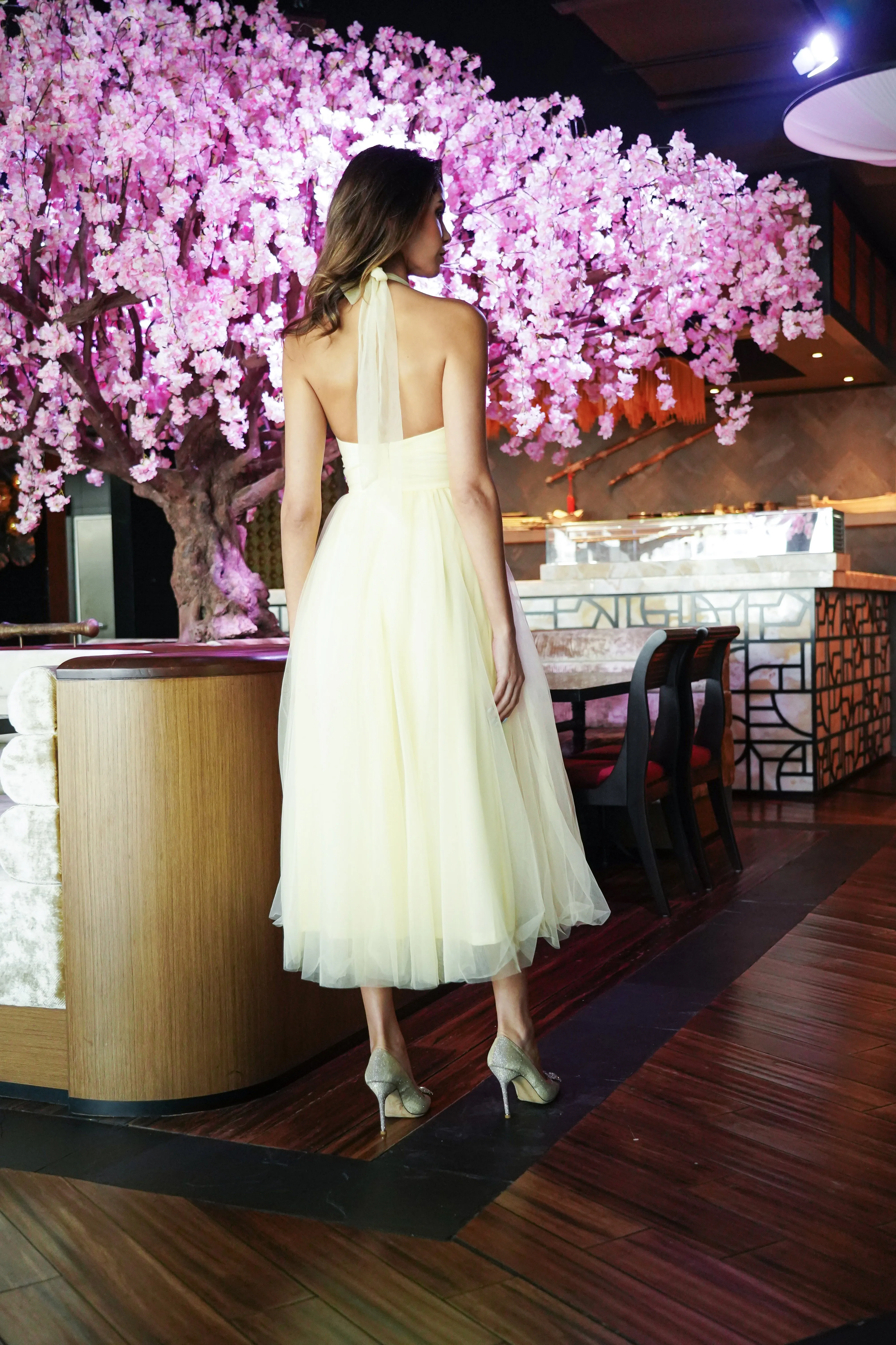 Yellow Tulle Halterneck Midi Dress with Back Bow
