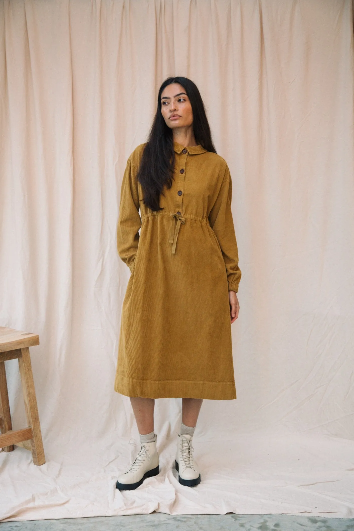 Yuri Organic Cotton Cord Dress in Ochre