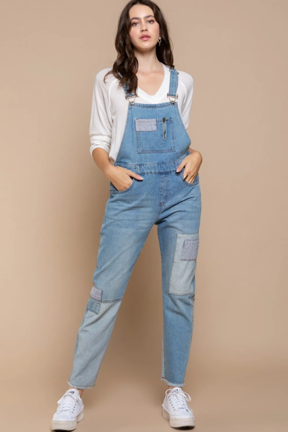 Zoe Front Chest Zipper Slim Leg Denim Overalls