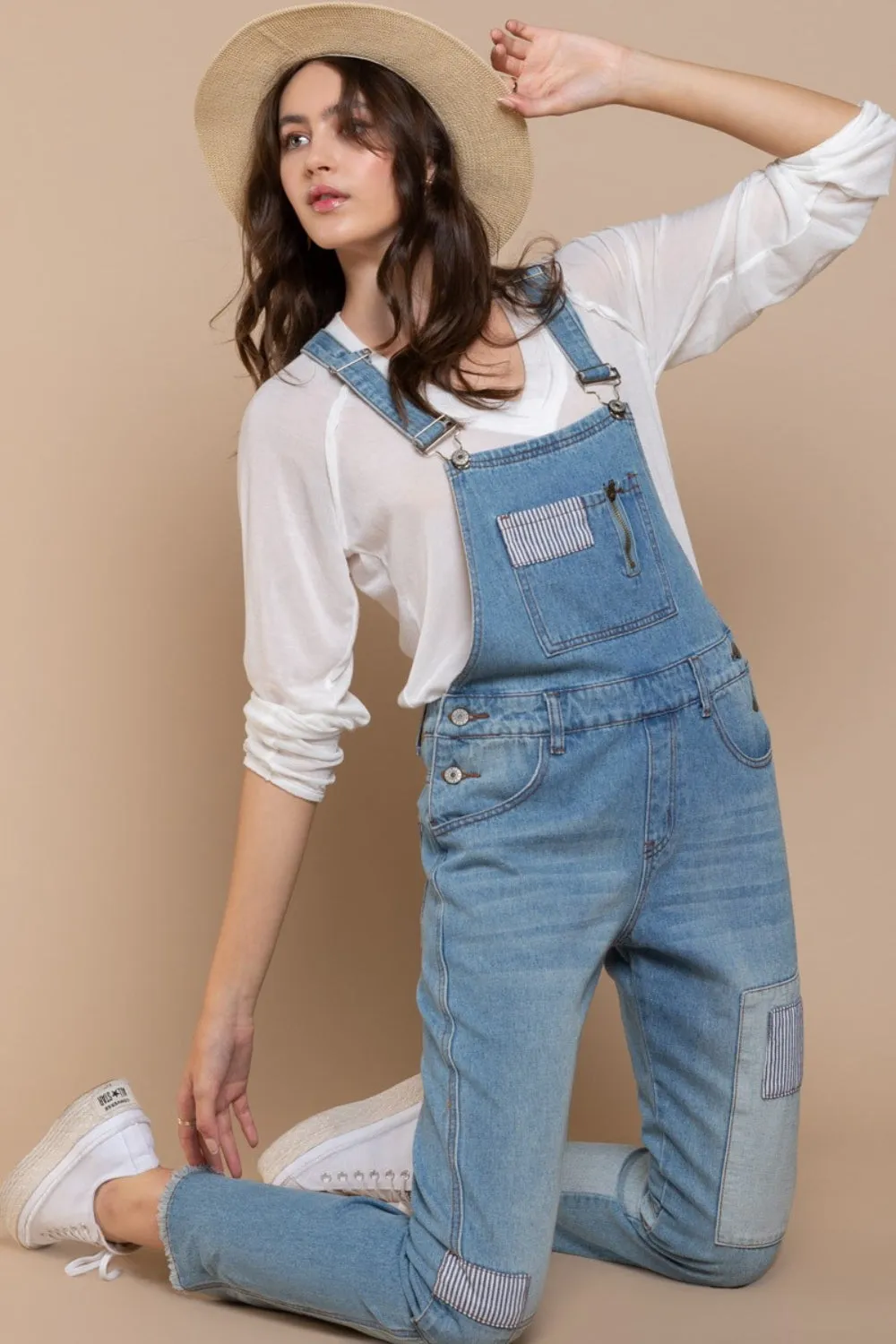 Zoe Front Chest Zipper Slim Leg Denim Overalls